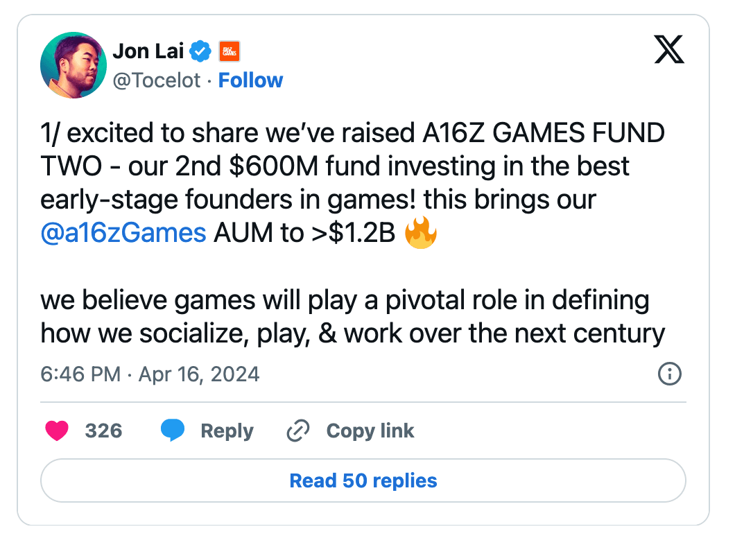 A16z $600M Gaming Fund as Part of $7.2B Investment | GAM3S.GG